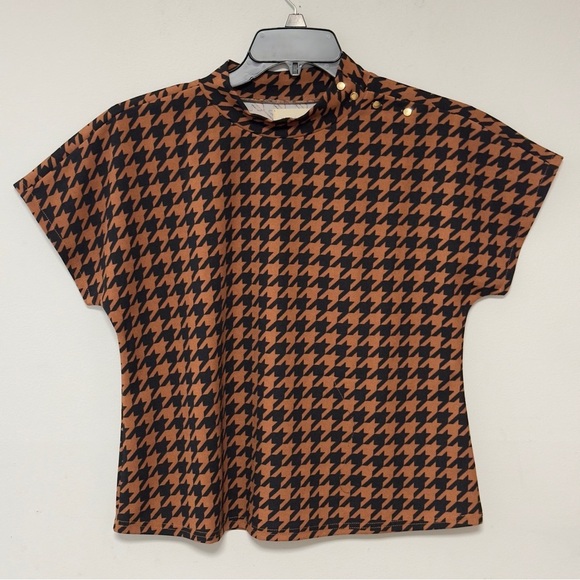 Melloday Womens Brown Short Sleeve Blouse‎ Black Houndstooth Pattern - Picture 1 of 9